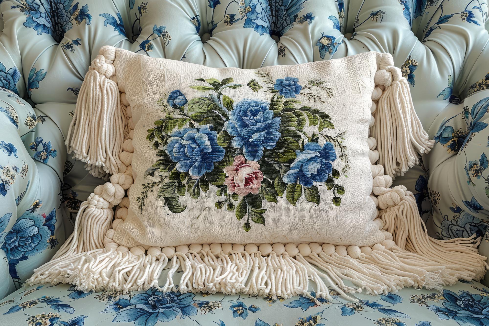 embroidered linen cushion with floral motif